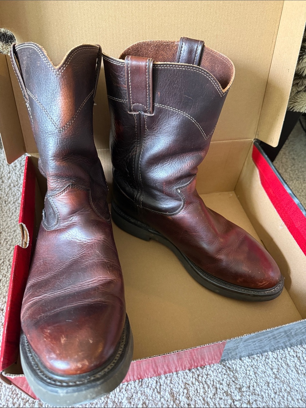 Sz 9 1/2 Men’s Justin Boots Dark Brown Leather Pull-On Western Work Boots